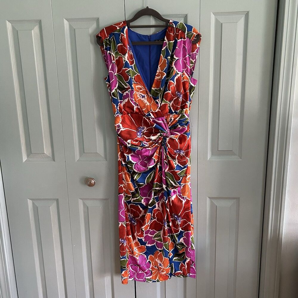 Maggy London Floral V-Neck Cocktail Midi‎ Dress 6 Formal Hawaiian Sleeveless